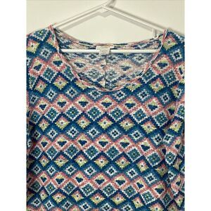 Wrangler Womens Pink/blue/yellow Aztec Lacey 3/4 Sleeve Top Split Tail